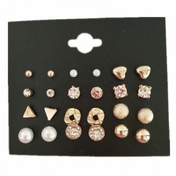 MissCyCy Fashion 12 pair/set Women Square Crystal Heart Stud Earrings for Women Piercing Simulated Pearl Flower Earrings