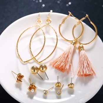 17KM New Design Long Tassel Stud Earrings Set For Women Girl 2018 Bohemian Flower Heart Earring Fabric Female Fashion Jewelry