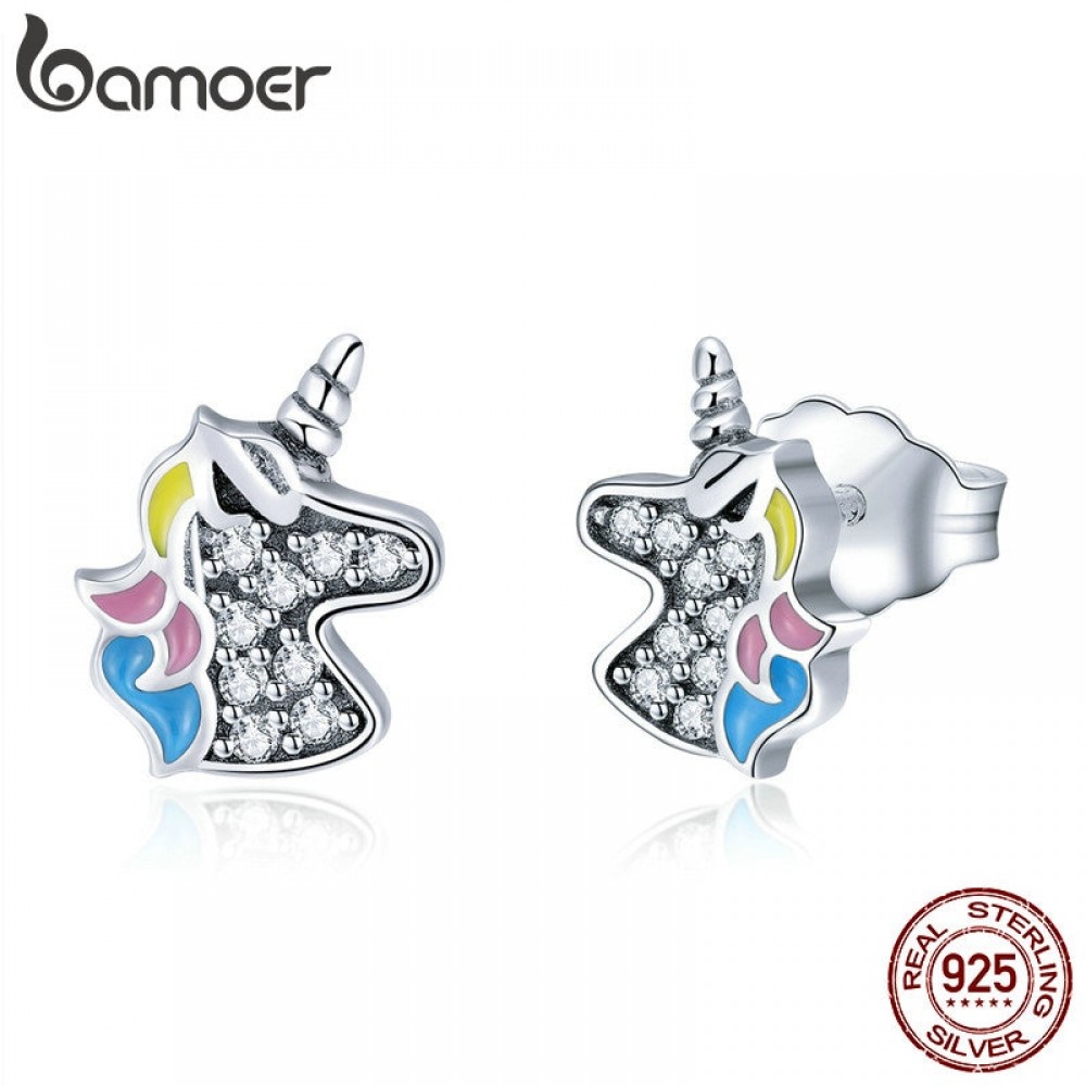 BAMOER 2018 925 Sterling Silver Dazzling Licorne Memory Stud Earrings Silver for Women amp; Girls Sterling-Silver-Jewelry SCE426