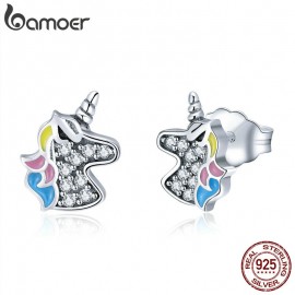 BAMOER 2018 925 Sterling Silver Dazzling Licorne Memory Stud Earrings Silver for Women amp; Girls Sterling-Silver-Jewelry SCE426