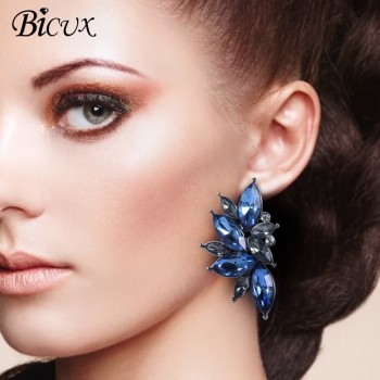 BICUX 2018 New Womens Fashion Crystal Earrings Rhinestone RED / Pink Glass Black Resin Metal Leaf Ear Earrings For Girl Jewelry
