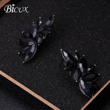 BICUX 2018 New Womens Fashion Crystal Earrings Rhinestone RED / Pink Glass Black Resin Metal Leaf Ear Earrings For Girl Jewelry