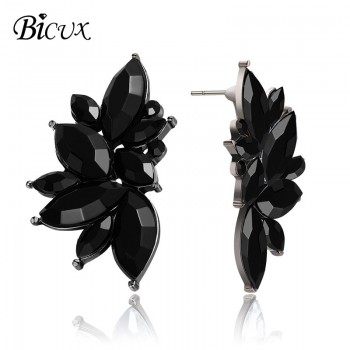 BICUX 2018 New Womens Fashion Crystal Earrings Rhinestone RED / Pink Glass Black Resin Metal Leaf Ear Earrings For Girl Jewelry