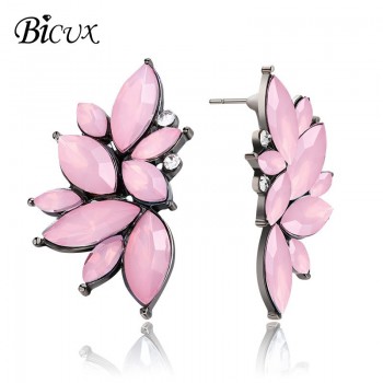 BICUX 2018 New Womens Fashion Crystal Earrings Rhinestone RED / Pink Glass Black Resin Metal Leaf Ear Earrings For Girl Jewelry