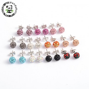 Polymer Clay Rhinestone Ball Stud Earrings, with Steel Pins, Mixed Color, 8mm; Pin: 0.8mm