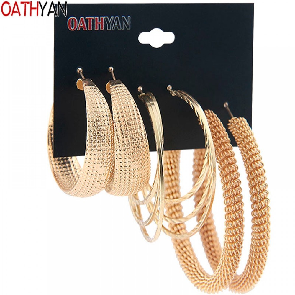 OATHYAN 3 Pairs/Set Classic Oversize Gold Color Metal Hoop Earrings Set Mix For Women Round Big Circle Earring Statement Jewelry