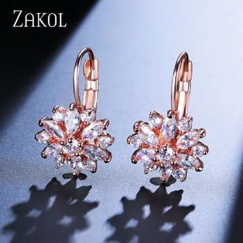 ZAKOL Fashion Rose Gold Color Hoop Earrings Flower Cluster Clear Crystal Zirconia Earrings For Women Jewelry Brincos FSEP609