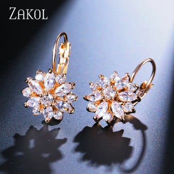 ZAKOL Fashion Rose Gold Color Hoop Earrings Flower Cluster Clear Crystal Zirconia Earrings For Women Jewelry Brincos FSEP609