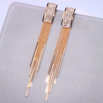 New Gold Color Long Crystal Tassel Dangle Earrings for Women Wedding Drop Earing Brinco Fashion Jewelry Gifts E1717