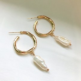 SRCOI Gold Color Metal Freshwater Pearl Hoop Earrings S925 Sterling Silver Pin Geometric Circle Wedding Earrings Women Jewelry