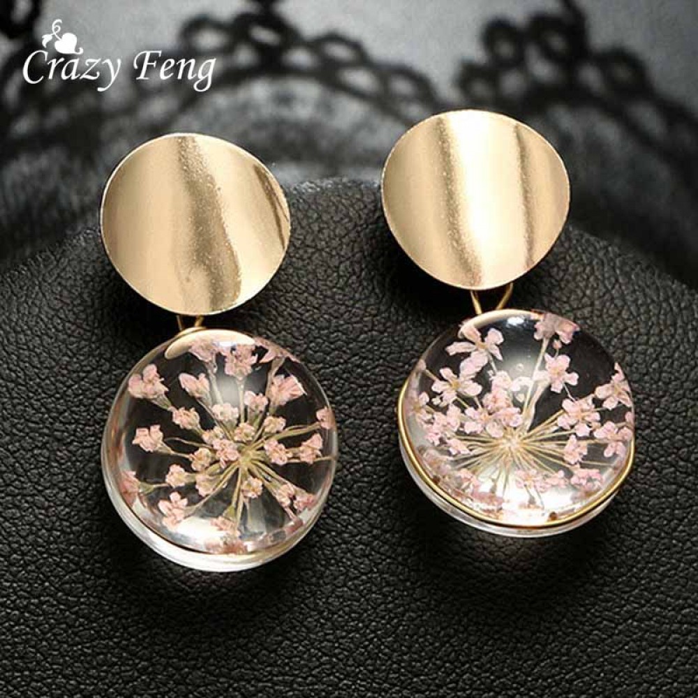 Clear Transparent Ball Earrings Gold Color Sequin Dangle Hanging Earrings for Women Fashion Dried Flower Jewelry Wedding Earings