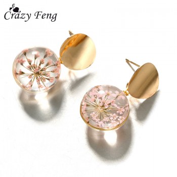 Clear Transparent Ball Earrings Gold Color Sequin Dangle Hanging Earrings for Women Fashion Dried Flower Jewelry Wedding Earings