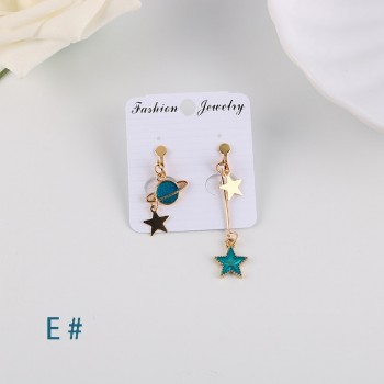Korea Style Asymmetrical Fresh Enamel blue Star Moon Planet  Circle Clip on Earrings Non Pierced For Girl Women Party Gift