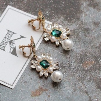 Korean style big pearl tassel clip on earrings long baroque green crystal handmade women wedding earrings vintage gothic jewelry