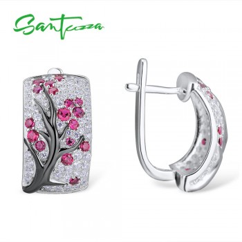 SANTUZZA Silver Earrings For Women Pure 925 Sterling Silver Sparkling Red Stones Cubic Zirconia brincos Trendy Fashion Jewelry