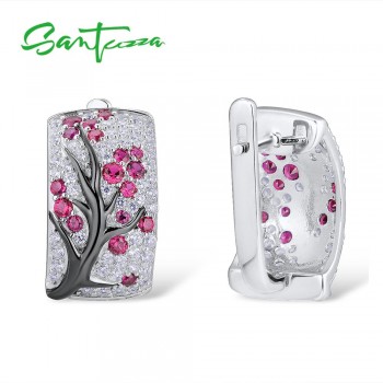 SANTUZZA Silver Earrings For Women Pure 925 Sterling Silver Sparkling Red Stones Cubic Zirconia brincos Trendy Fashion Jewelry