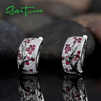 SANTUZZA Silver Earrings For Women Pure 925 Sterling Silver Sparkling Red Stones Cubic Zirconia brincos Trendy Fashion Jewelry