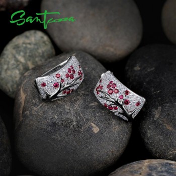 SANTUZZA Silver Earrings For Women Pure 925 Sterling Silver Sparkling Red Stones Cubic Zirconia brincos Trendy Fashion Jewelry