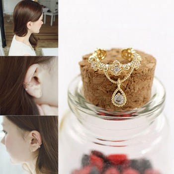 1pc Elegant Women Crystal Rhinestone Water Drop Pendant Ear Cuff Wrap Clip Cartilage Earrings Silver Gold Faux Piercing Jewelry