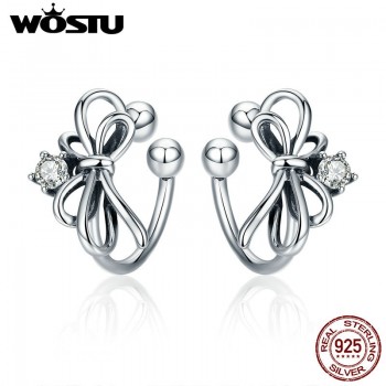 WOSTU New Design 100% 925 Sterling Silver Bowknot Clip Earrings for Women S925 Silver Earing Brand Jewelry Gift CQE345