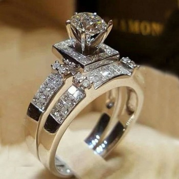 Boho Female Crystal White Round Ring Set Brand Luxury Promise Silver Engagement Ring Vintage Bridal Wedding Rings for Women