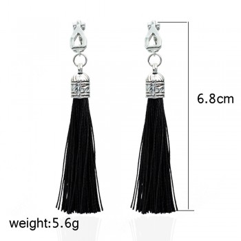 Chadestinty Tassel Earrings For Women Antique Long Ear Clip Earing Black White Silk Fabric Fringe Earring Vintage Cuff Earings