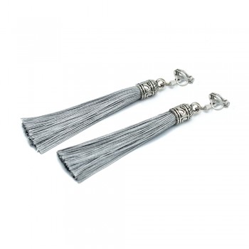 Chadestinty Tassel Earrings For Women Antique Long Ear Clip Earing Black White Silk Fabric Fringe Earring Vintage Cuff Earings