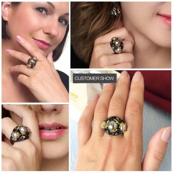 DreamCarnival 1989 Gray Tone Created Pearls Ring for Women Purple CZ Vintage Frauenringe Gothic Mujeres anillo Perla WA11399