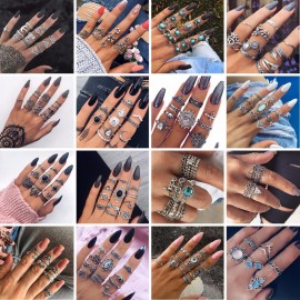 HuaTang Bohemian Antique Silver Ring Geometric Elephant Flower Green Rhinestone Knuckle Rings Midi Finger Anel Rings Jewelry