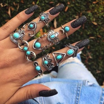 HuaTang Bohemian Antique Silver Ring Geometric Elephant Flower Green Rhinestone Knuckle Rings Midi Finger Anel Rings Jewelry