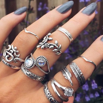 HuaTang Bohemian Antique Silver Ring Geometric Elephant Flower Green Rhinestone Knuckle Rings Midi Finger Anel Rings Jewelry