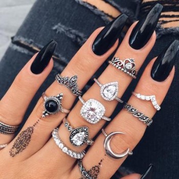 HuaTang Bohemian Antique Silver Ring Geometric Elephant Flower Green Rhinestone Knuckle Rings Midi Finger Anel Rings Jewelry