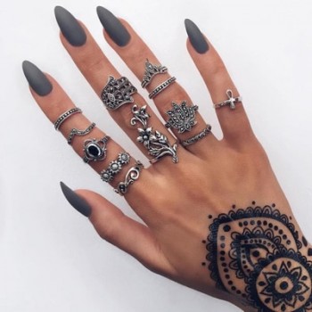 HuaTang Bohemian Antique Silver Ring Geometric Elephant Flower Green Rhinestone Knuckle Rings Midi Finger Anel Rings Jewelry