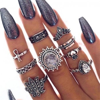 HuaTang Bohemian Antique Silver Ring Geometric Elephant Flower Green Rhinestone Knuckle Rings Midi Finger Anel Rings Jewelry