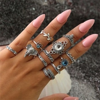 HuaTang Bohemian Antique Silver Ring Geometric Elephant Flower Green Rhinestone Knuckle Rings Midi Finger Anel Rings Jewelry