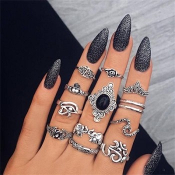 HuaTang Bohemian Antique Silver Ring Geometric Elephant Flower Green Rhinestone Knuckle Rings Midi Finger Anel Rings Jewelry