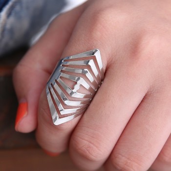 Rinhoo Adjustable Openwork Striped Flower Heart Shaped Geometric Open Ring Stainless Steel Ladies Party Jewelry Rings