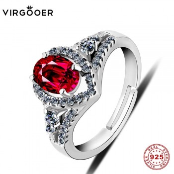 Virgooer 100% Real Natural 925 Sterling Silver Rings For Women Luxury 7MM Cubic Zirconia Red Stone Wedding Rings Fine Jewelry