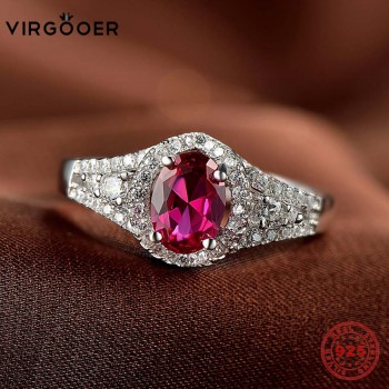 Virgooer 100% Real Natural 925 Sterling Silver Rings For Women Luxury 7MM Cubic Zirconia Red Stone Wedding Rings Fine Jewelry