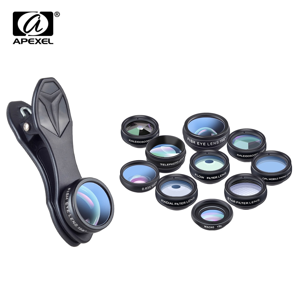 APEXEL 10 in 1 Phone camera Lens Kit Fisheye Wide Angle macro Lens CPL Filter Kaleidoscope and 2X telescope Lens for smartphone