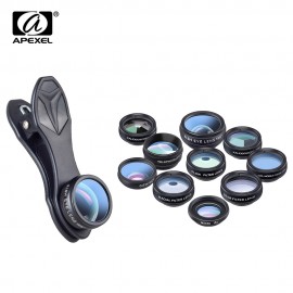 APEXEL 10 in 1 Phone camera Lens Kit Fisheye Wide Angle macro Lens CPL Filter Kaleidoscope and 2X telescope Lens for smartphone
