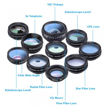 APEXEL 10 in 1 Phone camera Lens Kit Fisheye Wide Angle macro Lens CPL Filter Kaleidoscope and 2X telescope Lens for smartphone