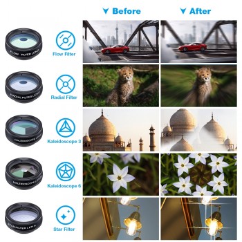 APEXEL 10 in 1 Phone camera Lens Kit Fisheye Wide Angle macro Lens CPL Filter Kaleidoscope and 2X telescope Lens for smartphone