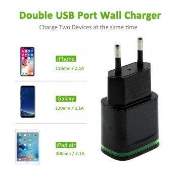 AIXXCO 5V 2A EU Plug LED Light 2 USB Adapter Mobile Phone Wall Charger Device Micro Data Charging For iPhone 5 6 iPad Samsung