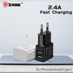 ZRSE 5V 2.4A EU Plug 2 Ports Dual USB Wall Charger Universal Mobile Phone Charger For iPhone Samsung Xiaom Travel Tablet Adapter