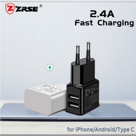 ZRSE 5V 2.4A EU Plug 2 Ports Dual USB Wall Charger Universal Mobile Phone Charger For iPhone Samsung Xiaom Travel Tablet Adapter