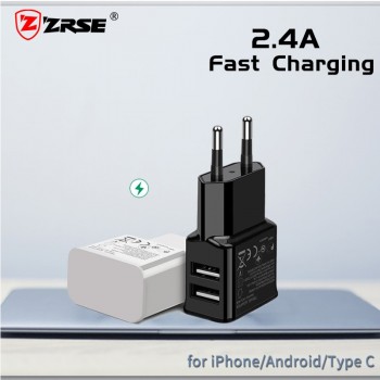 ZRSE 5V 2.4A EU Plug 2 Ports Dual USB Wall Charger Universal Mobile Phone Charger For iPhone Samsung Xiaom Travel Tablet Adapter