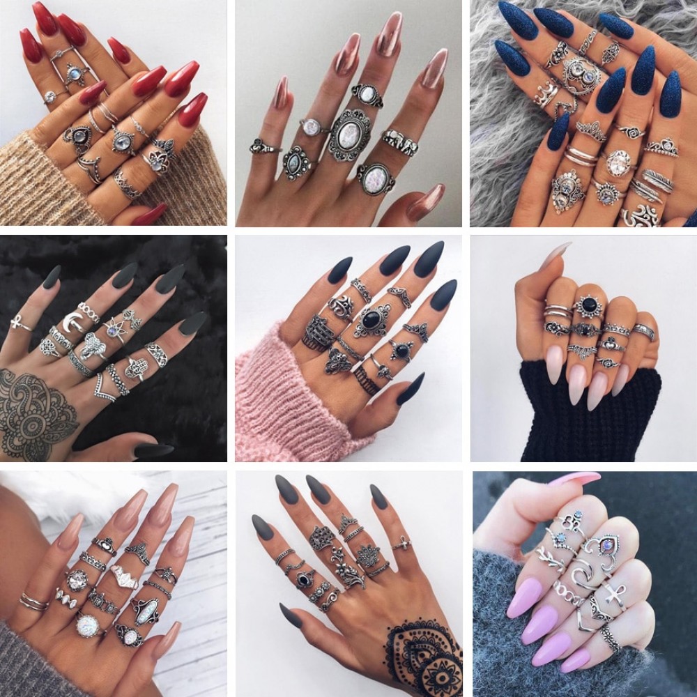 Tocona Bohemia Antique Gold Silver Elephant Flower Rose Heart Crown Carved Rings Set Knuckle Finger Midi Ring for Women Jewelry