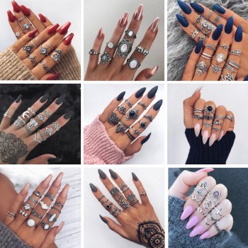 Tocona Bohemia Antique Gold Silver Elephant Flower Rose Heart Crown Carved Rings Set Knuckle Finger Midi Ring for Women Jewelry