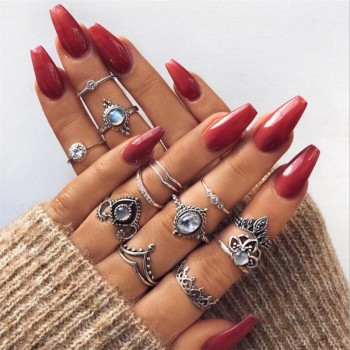 Tocona Bohemia Antique Gold Silver Elephant Flower Rose Heart Crown Carved Rings Set Knuckle Finger Midi Ring for Women Jewelry